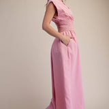 Cap-Sleeve Smocked Front-Zip Jumpsuit