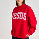 Embroidered "JESUS" Mock Neck Sweatshirt