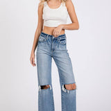ON THE TOWN HIGH RISE STRETCH SLIM WIDE LEG W/ DESTROYED HEM