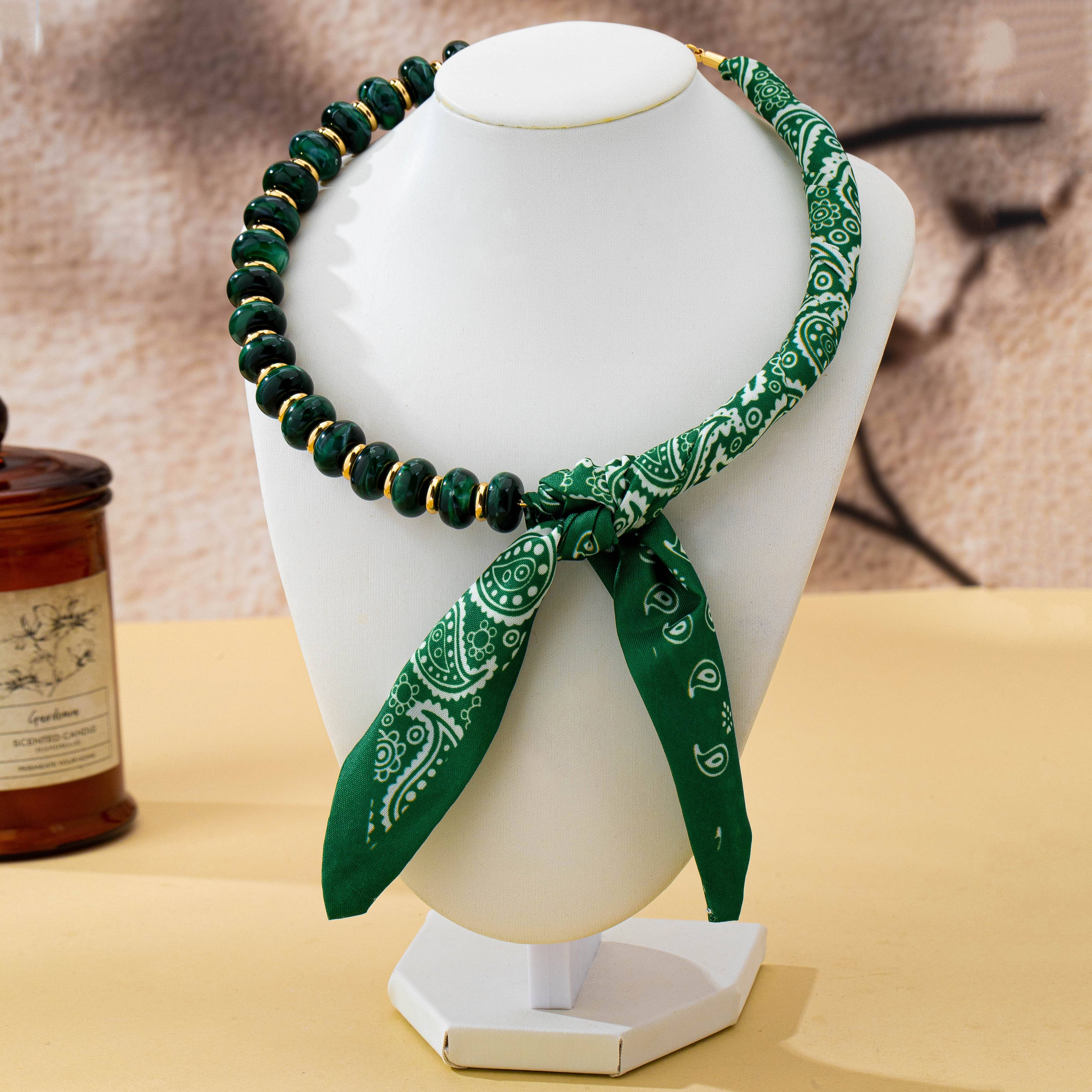 Silky Scarf & Beaded Strand Collar Choker Necklace