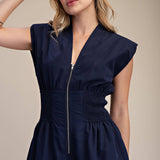 Cap-Sleeve Smocked Front-Zip Jumpsuit