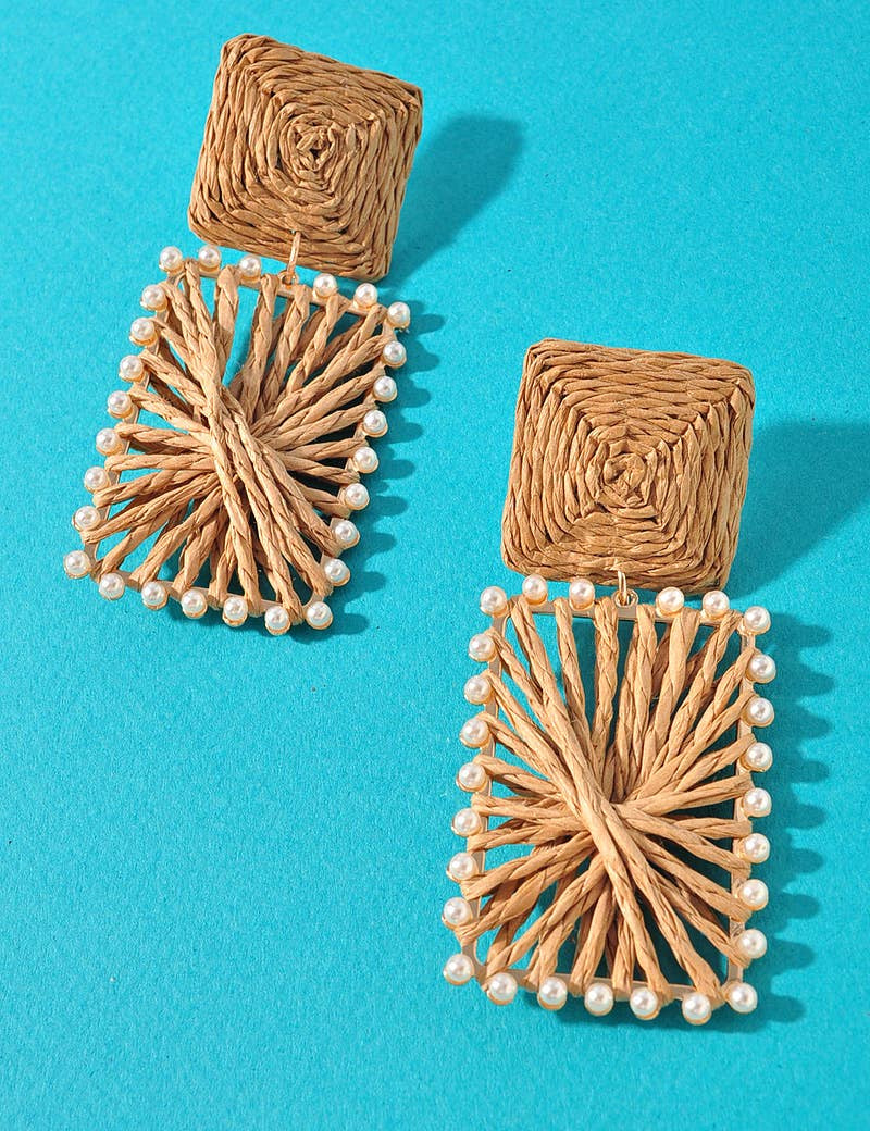 DOUBLE SQUARE RAFFIA DANGLE EARRINGS