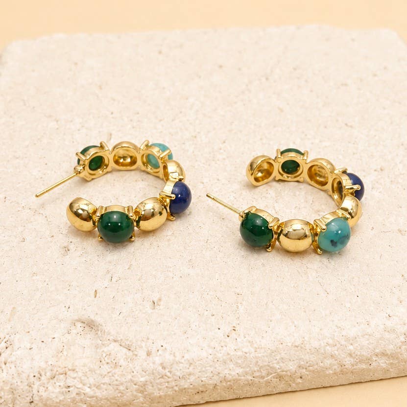 Multi-Color Cabochon Gold Hoop Earrings
