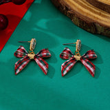 Tartan Plaid Bow & Pearl Crystal Drop Earrings