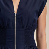 Cap-Sleeve Smocked Front-Zip Jumpsuit