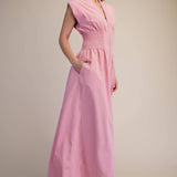 Cap-Sleeve Smocked Front-Zip Jumpsuit