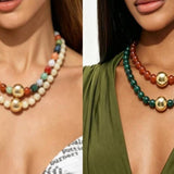 Barrel Beaded & Gold Ball Centerpiece Necklace