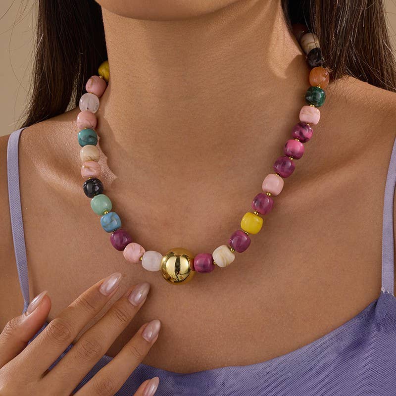 Barrel Beaded & Gold Ball Centerpiece Necklace