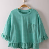 -Half Sleeve Lace Ruffle Detail Textured Knit Top