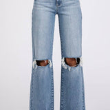 ON THE TOWN HIGH RISE STRETCH SLIM WIDE LEG W/ DESTROYED HEM