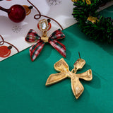 Tartan Plaid Bow & Pearl Crystal Drop Earrings