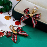 Tartan Plaid Bow & Pearl Crystal Drop Earrings
