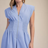 Cap-Sleeve Smocked Front-Zip Jumpsuit