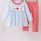 Blue Farm Embroidery Ruffle Gingham Pants Set
