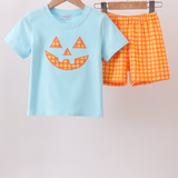 Blue Jack-O-Lantern Applique Gingham Shorts Set